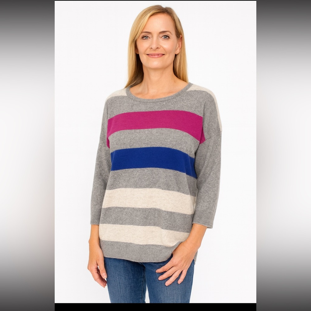 Design History 100% Pure Luxury Cashmere Sweater Size S Gray & Purple Stripe